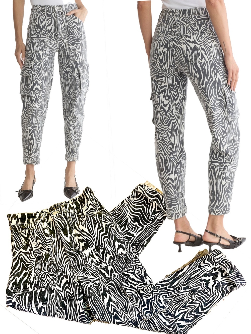 MOTHER Cargo Pants Black & White Zebra-Print Jeans W26 EUC
